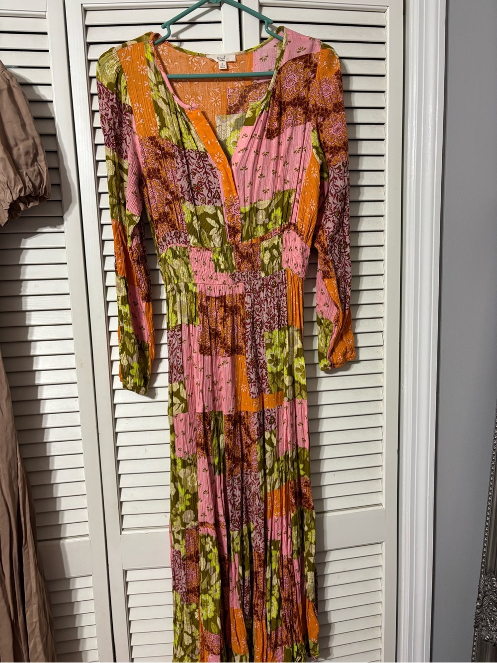 Bohemian Patchwork Maxi Dress — Pink, Orange & Green